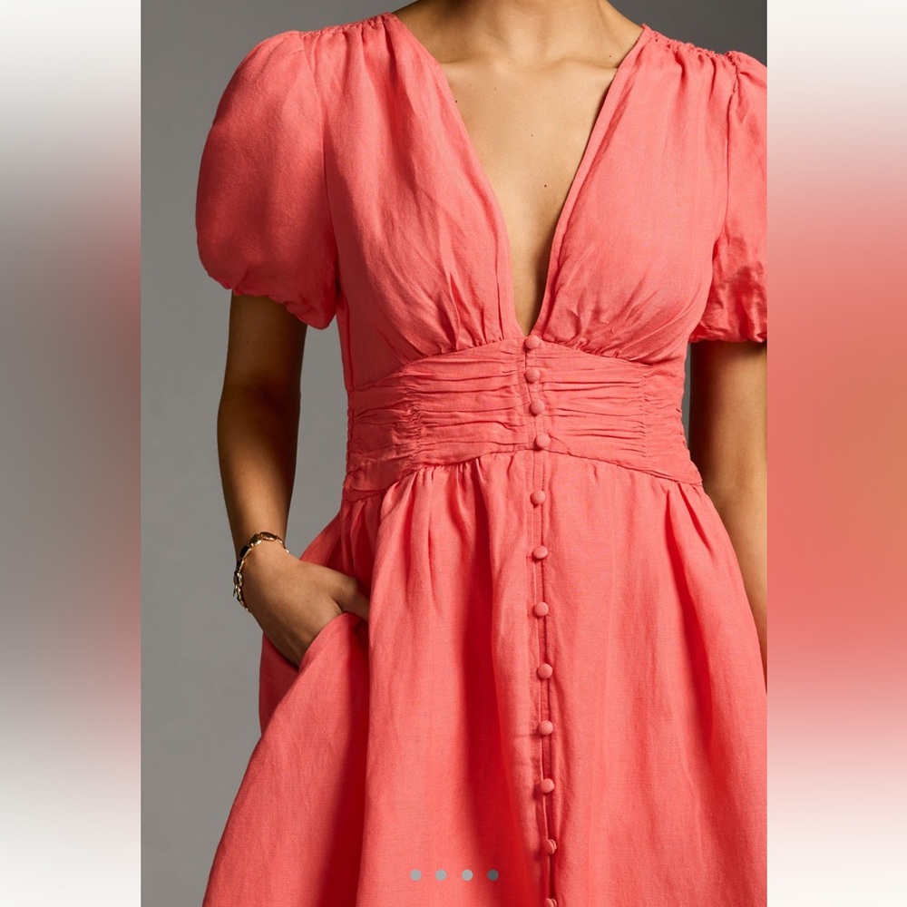 Anthropologie Katerina Button Front Puff Sleeve Mini Dress Coral Size M NWT - Picture 2 of 12